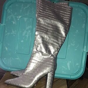 Silver Croc-Embossed Knee-High Boots